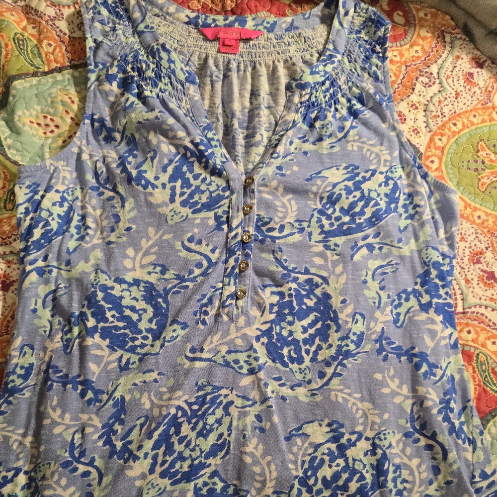 Lilly Pulitzer Blue Floral Button-Down Sleeveless TopSz S